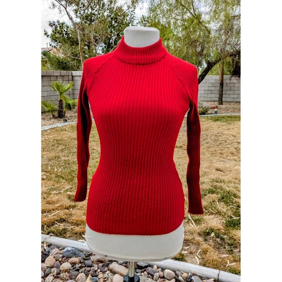 VTG Petite Large Ladies Kosugi Red Ribbed Knit Turtleneck L/S Fitted Top EUC - Picture 1 of 5